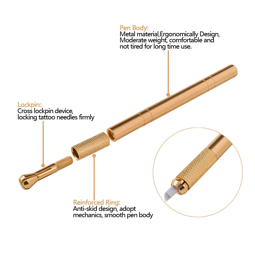 Golden Tebori 3D Tattoo Pen with 5pcs 12PCD Blade Microblading Tattoo Needles Permanent Makeup Manual for Professional Eyebrow
