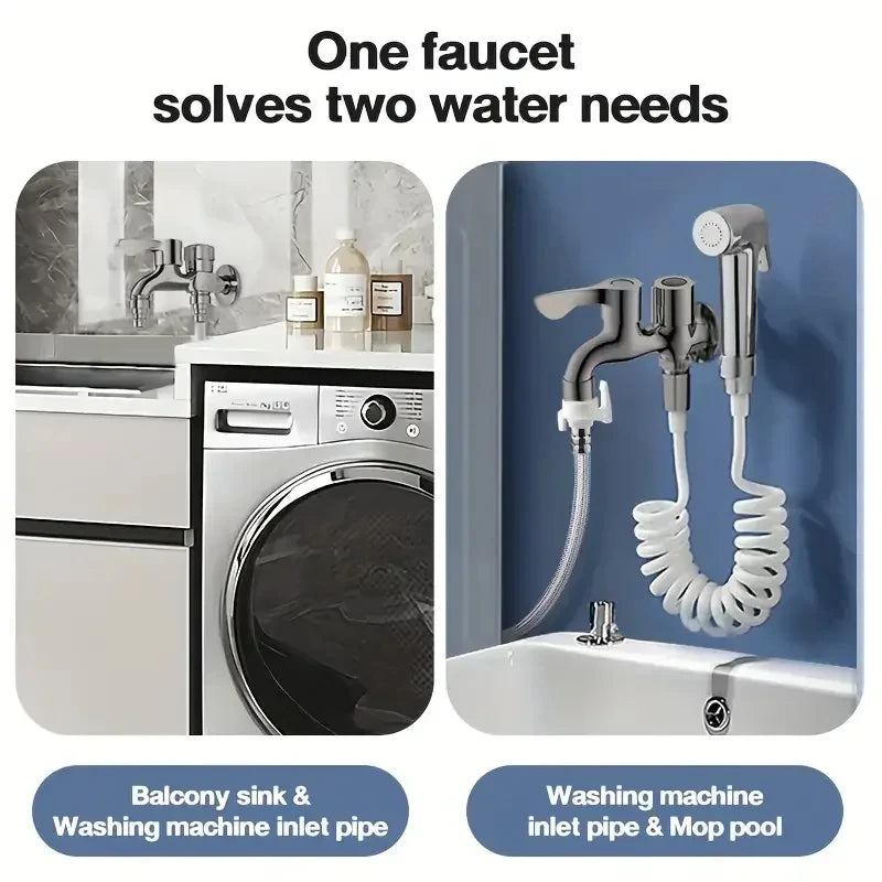 Stainless Steel Faucet Double Outlet Dual Control Water Tap One in Two Out Faucet 1/2" Bidet Faucets Bathroom Accessories