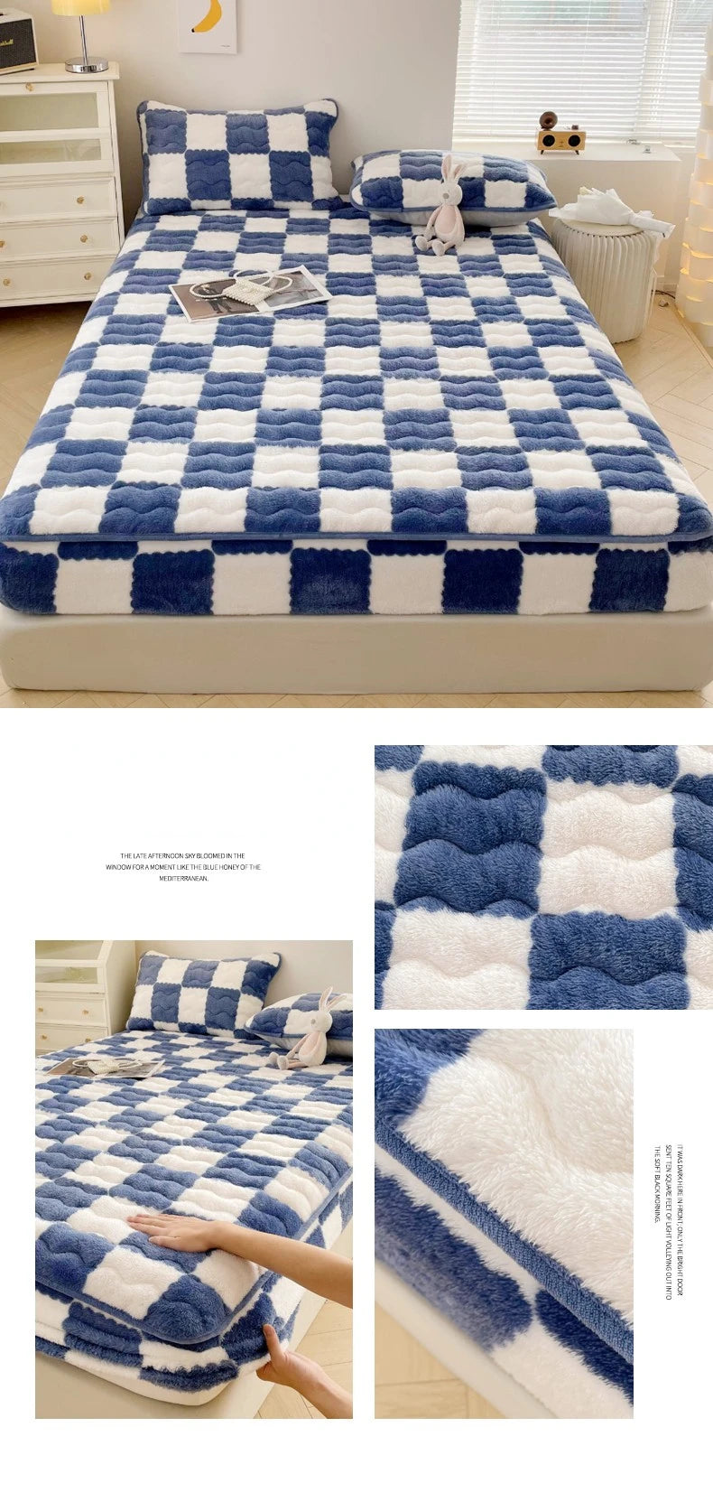 Arctic Velvet Mattress Cover Pad Checkerboard Series Soybean Antibacterial Cotton Fitted Sheet Double Bed Dust Mite Queen Size