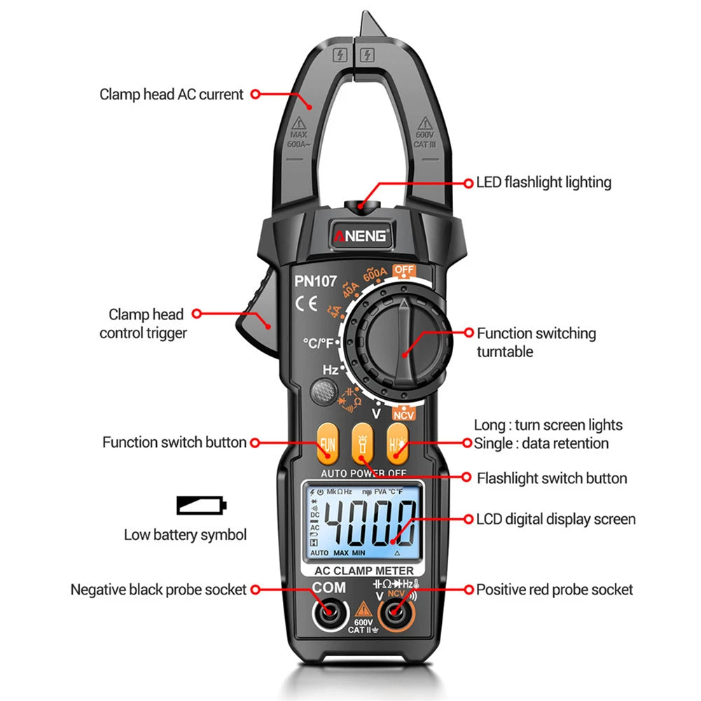 ANENG PN107 Digital Clamp Meter Multimeter Professional 600A AC Current Tester Ammeter Voltmeter with Temperature Frequency Tool