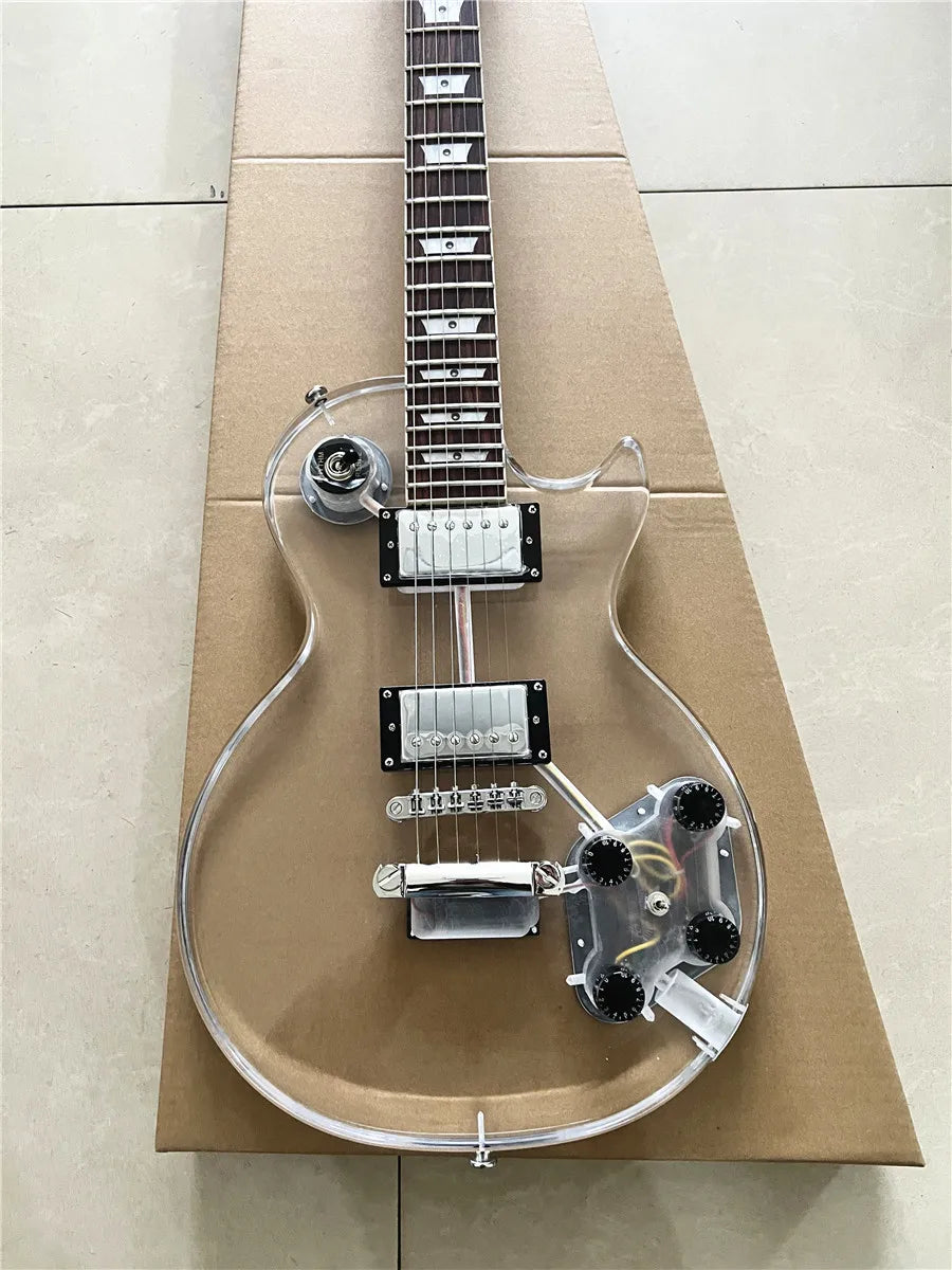 High quality custom crystal acrylic transparent Plexiglass 6-string electric guitar rose wood fingerboard led color lights