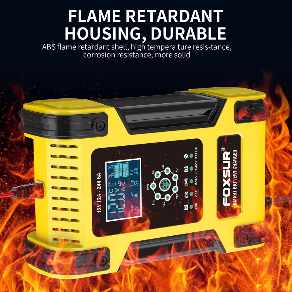 Foxsur Full Automatic Car Battery Charger 12V 12A Digital Display Battery Charger Power Pulse Repair Chargers Wet Dry Lead Acid