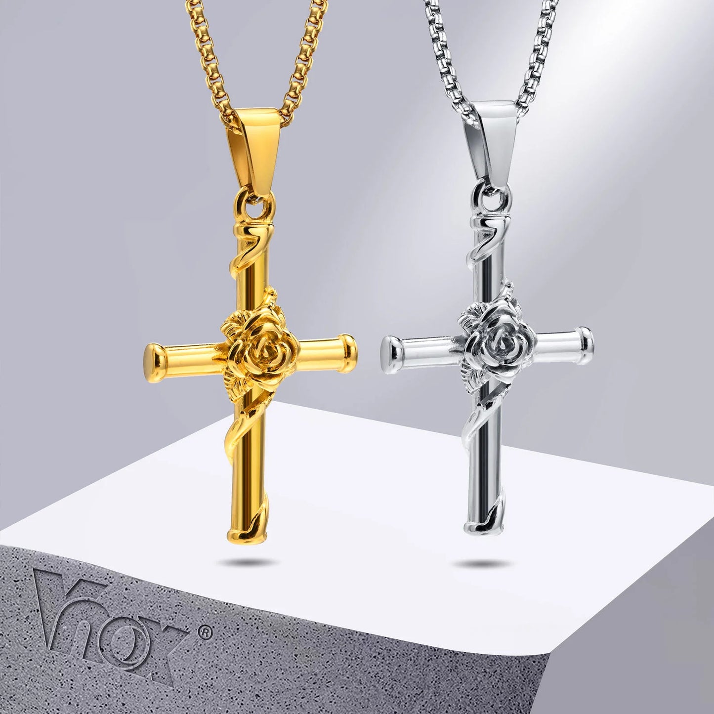 Vnox Men Cross Necklace, Stainless Steel Rose Cross Pendant with Box Chain, Unisex Cool Crucifix Jesus Faith Aesthetic Collar