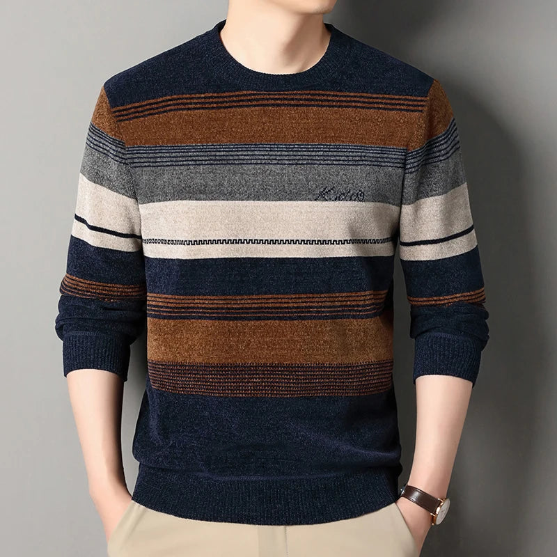 Mens Thickened Sweater Stripe Velvet Pullover Men's Winter Clothes Elegant Luxury Brand Fashion Knitted Sweaters