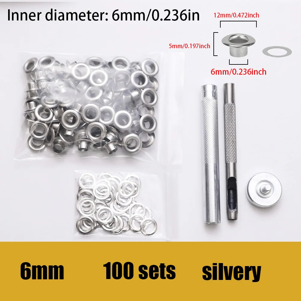 100 sets of stainless steel  eyelets with a tool ,for canvas holes, clothes, handbag, 5mm/6mm inner diameters