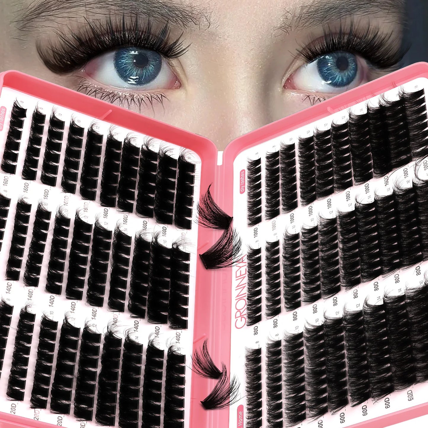 GROINNEYA Lashes Cluster DIY Lash Extension Mixed Tray Clusters Eyelashes Fluffy Volume Individual Lashes Cat Eye Lash Extension