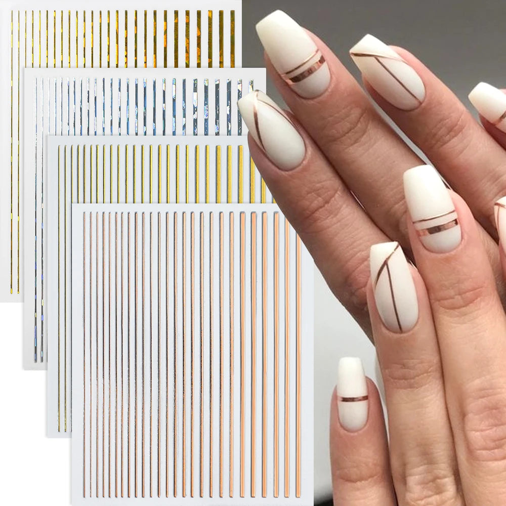 1Sheet Laser Gold/Silver Line 3D Nail Art Stickers Colorful/Black/White Stripe Self-Adhesive Slider DIY Lines Manicure Decals *&