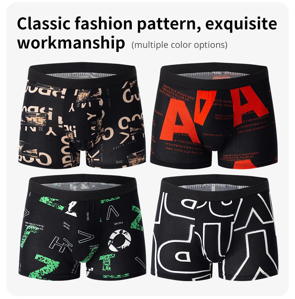 4-piece MEN'S FASHION Printed Underwear Breathable Crotch Boxers for Teenagers Comfortable plus Size Underwear up to 6XL.