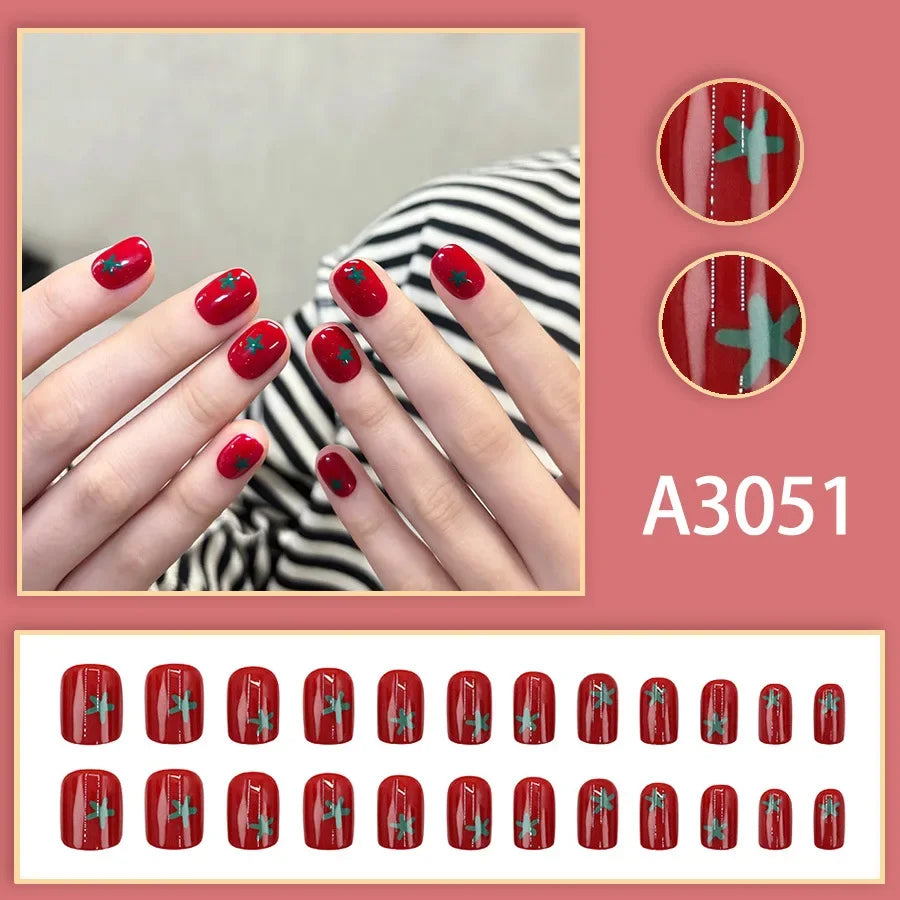 Watercolor Rose Fake Nail with Jelly sticker Press on False Nails Wearable Round Head Oval Full Cover Nail Tips