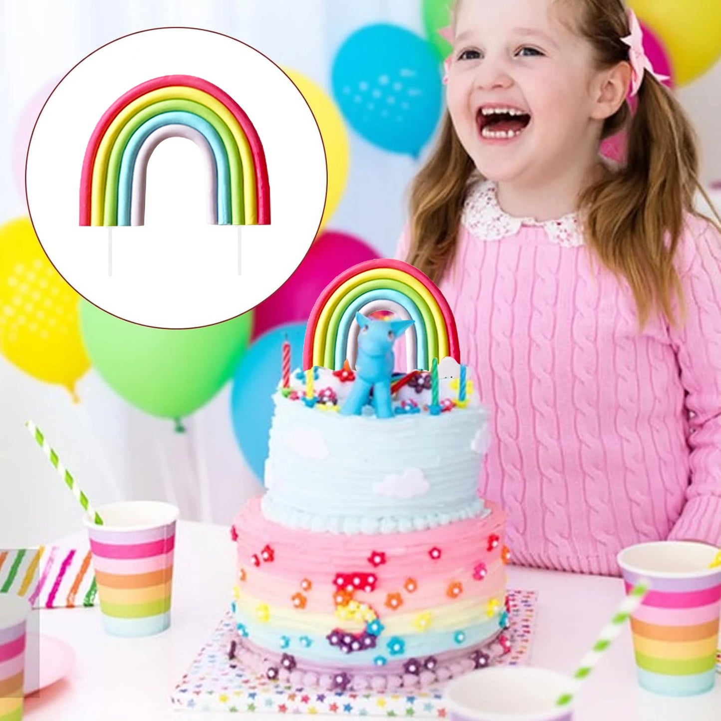 Rainbow Cake Toppers,Three-Dimensional Cloud Rainbow Design Cake Picks for Party Birthday Wedding Cake Decorations Supplies