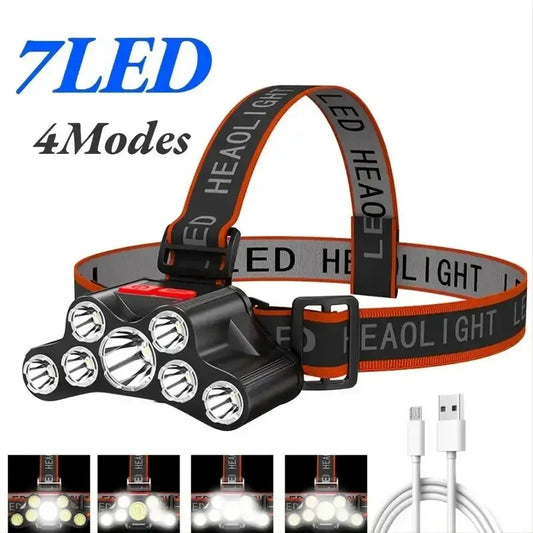 7 LED High Power Headlamp USB Rechargeable Head Flashlight Lantern Torch 4 Modes Waterproof Built-in Battery Camping Fishing