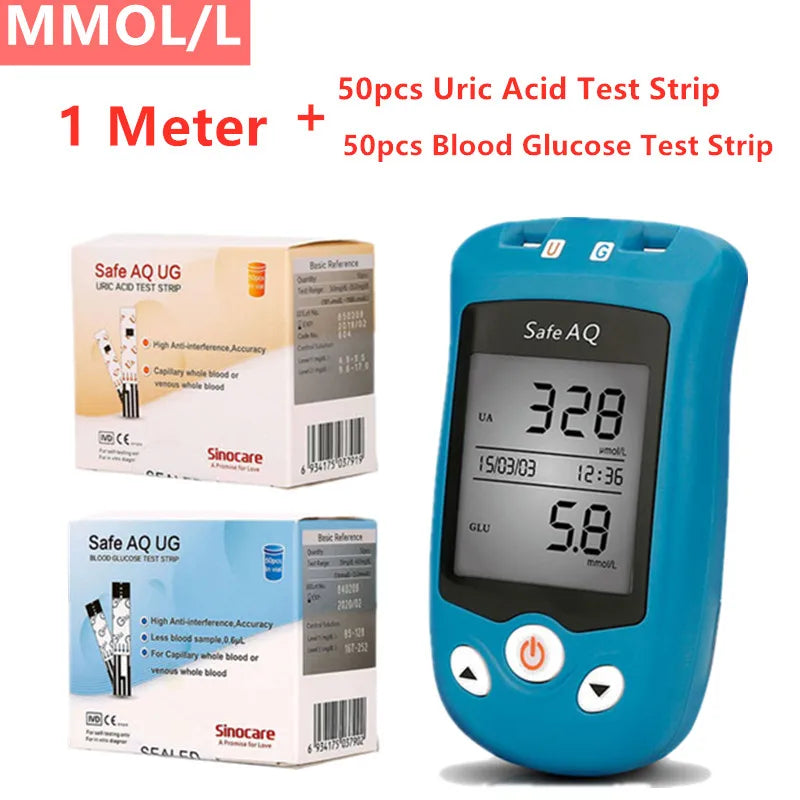Sinocare Blood Glucose Meter Uric Acid Test Kit & Glucose Strips  Safe AQ UG  Uric Strips for Diabetes Gout Pregnant Glucometer