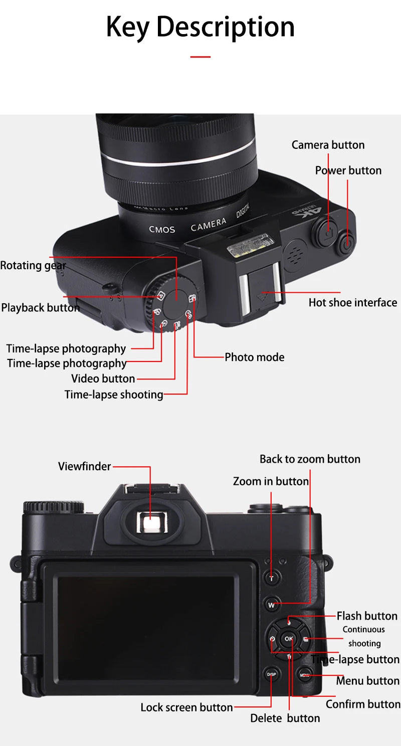 4K HD Professional Digital Camera Camcorder WIFI Webcam Wide Angle 16X Digital Zoom 48MP Photography 3 Inch Flip Screen Recorder