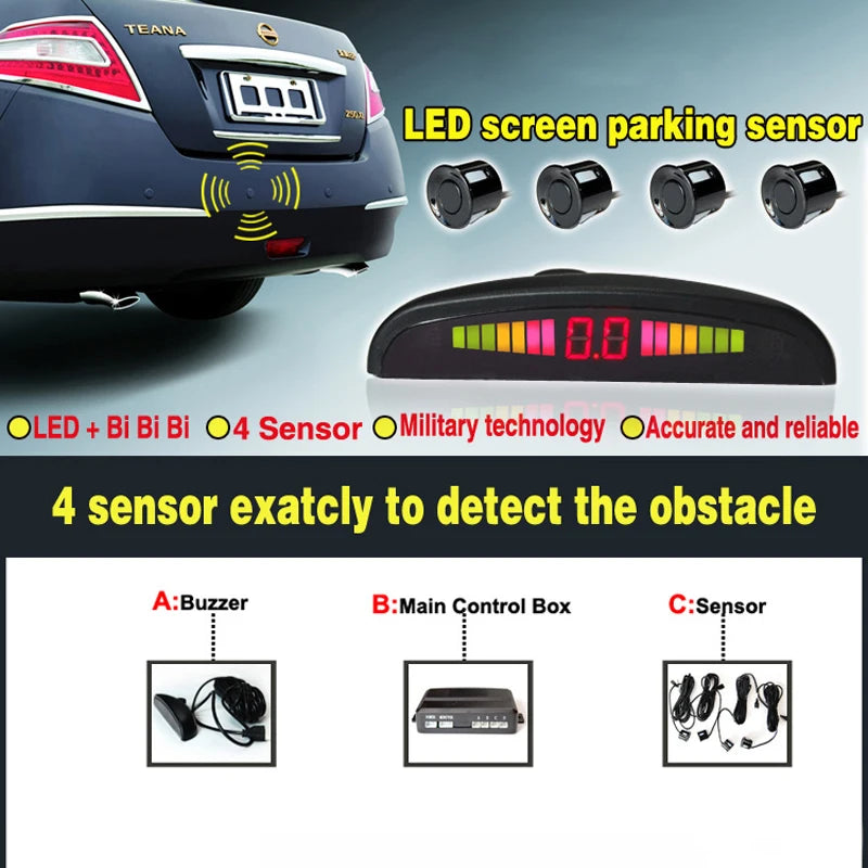 Car Reverse Radar Kit Vehicle Parking Sensor System with 4 Sensors Backup Assist System with LED Distance Display Sound Warning