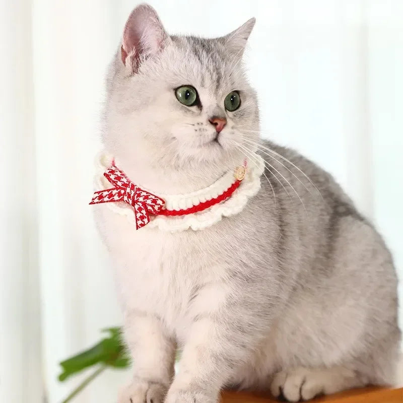 Cute Bow-knot Hand-knitted Saliva Towel  Kitten Cat Puppy  Adjustable Collar Pet Decorative Dog Cat Collar Pet dog Accessories