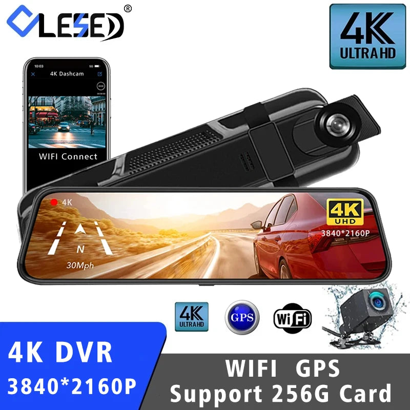 Car DVR 10 Inch 4K GPS WIFI Mirror Dash Cam Dual Lens Dashcam IPS Screen Car Camera Drive Recorder Stream RearView Mirror