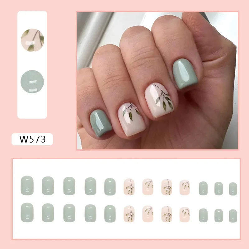 Gold Pink Wine Red 24 Pcs Fake Nail with Jelly sticker Press on False Nails Wearable Round Head Oval Full Cover Nail Tips