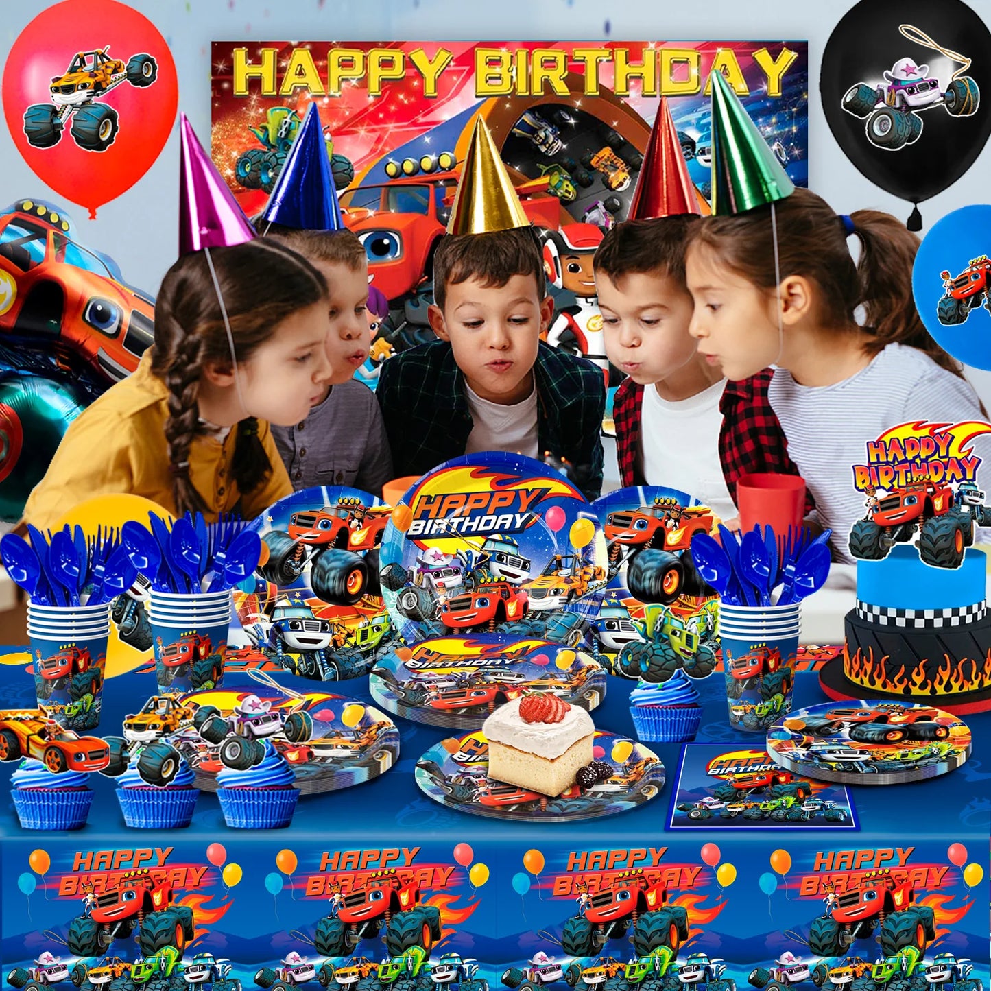 Monster Truck Party Supplies,140pcs Monster Truck Birthday Decorations&Tableware Set Blaze Party Decorations for Kids