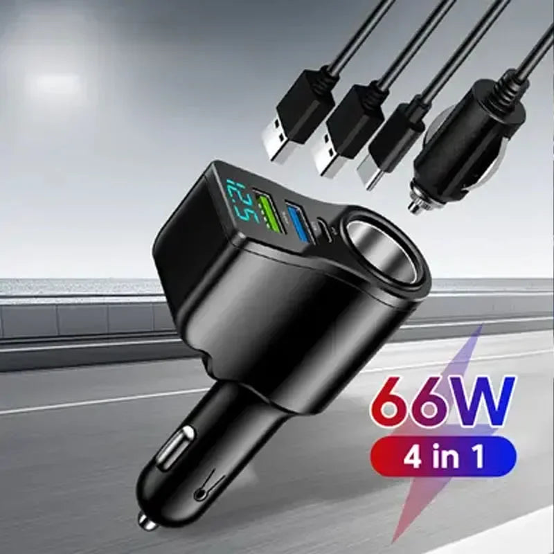 New digital display car fast charging dual USB car charger car one to three cigarette lighter 66W car multifunctional charger