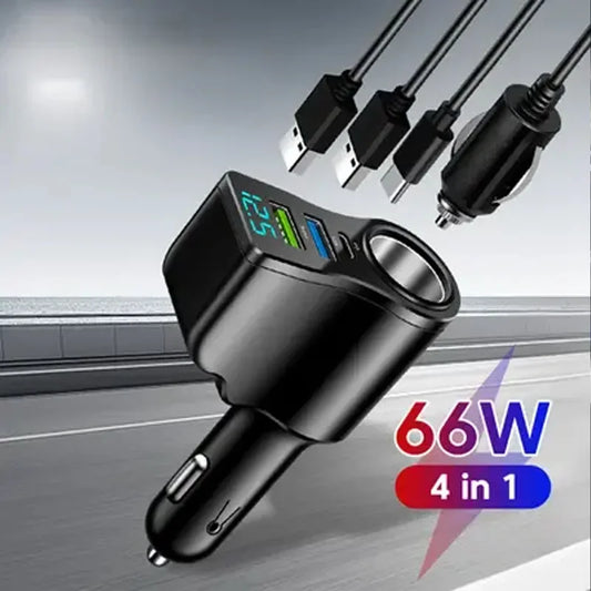New digital display car fast charging dual USB car charger car one to three cigarette lighter 66W car multifunctional charger