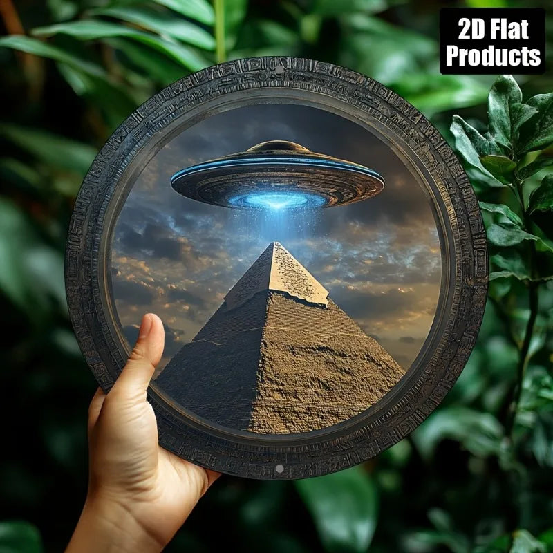 Pyramid UFO Theme Round Aluminum Metal Decorative Plaque Sign,Suitable for Bar Kitchen Cafe Home Office Decoration, Holiday Gift