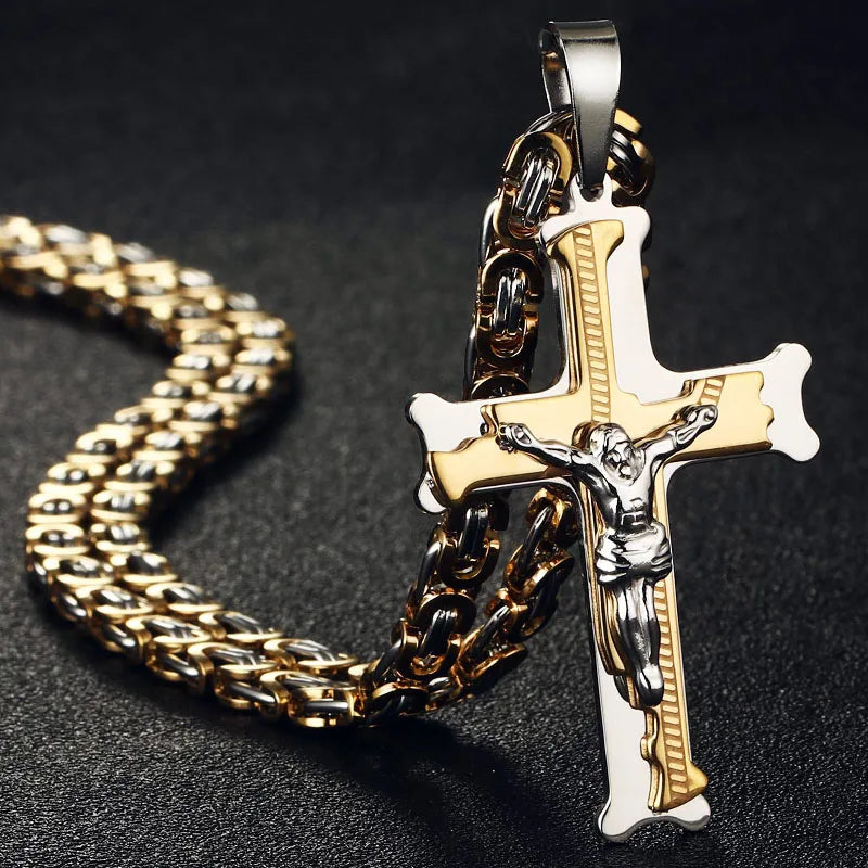 Stainless Steel Crucifix Jesus Byzantine Link Chain Necklace Fish Bone Pattern Cross Pendant Necklace Catholic Jewelry Men Gift