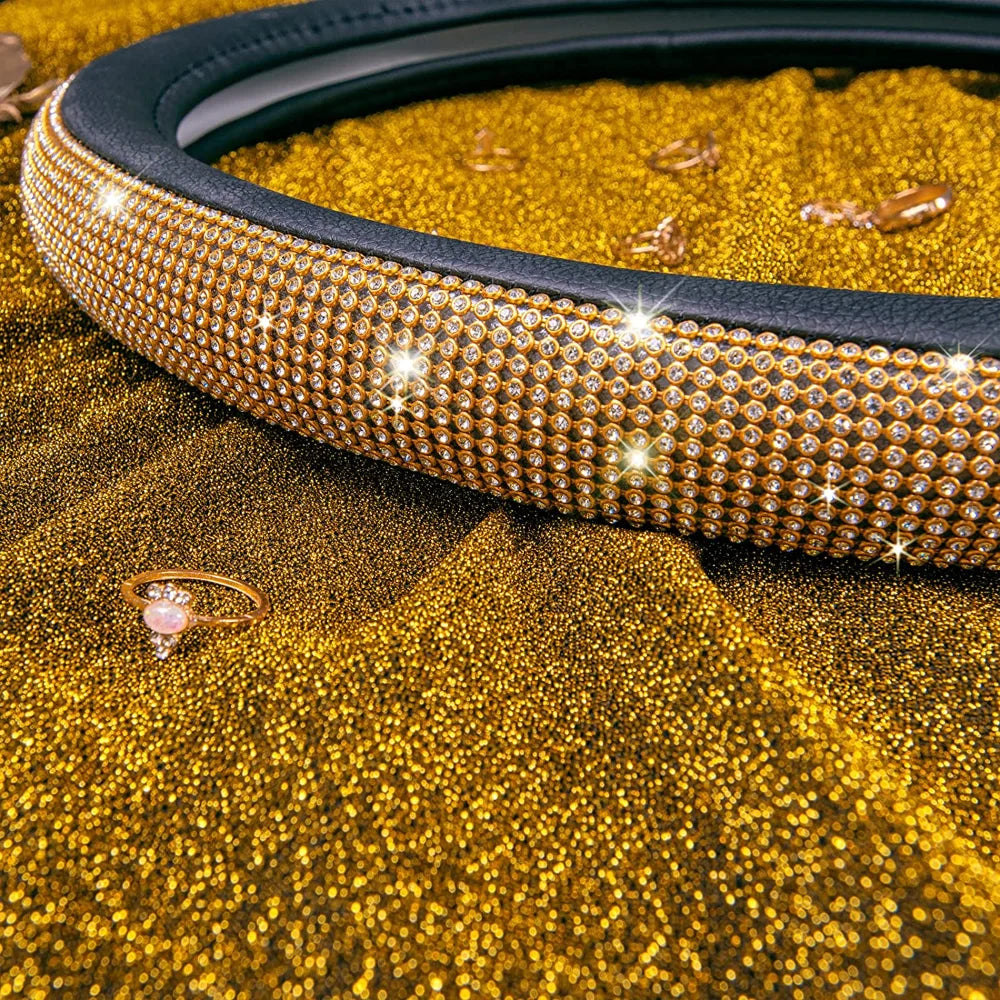 38cm CAR PASS Red Diamond Black Leather Steering Wheel Cover With Bling Crystal Rhinestones Universal