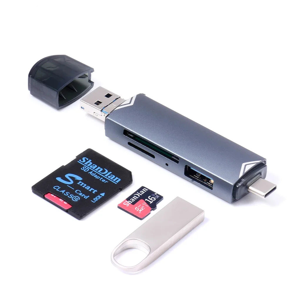 JASTER 6 In 1 Multifunction USB 3.0 Card Reader U Disk TYPE-C/Usb/Tf/Sd Flash Drive Memory Card for Adapter Phone Laptop Compute