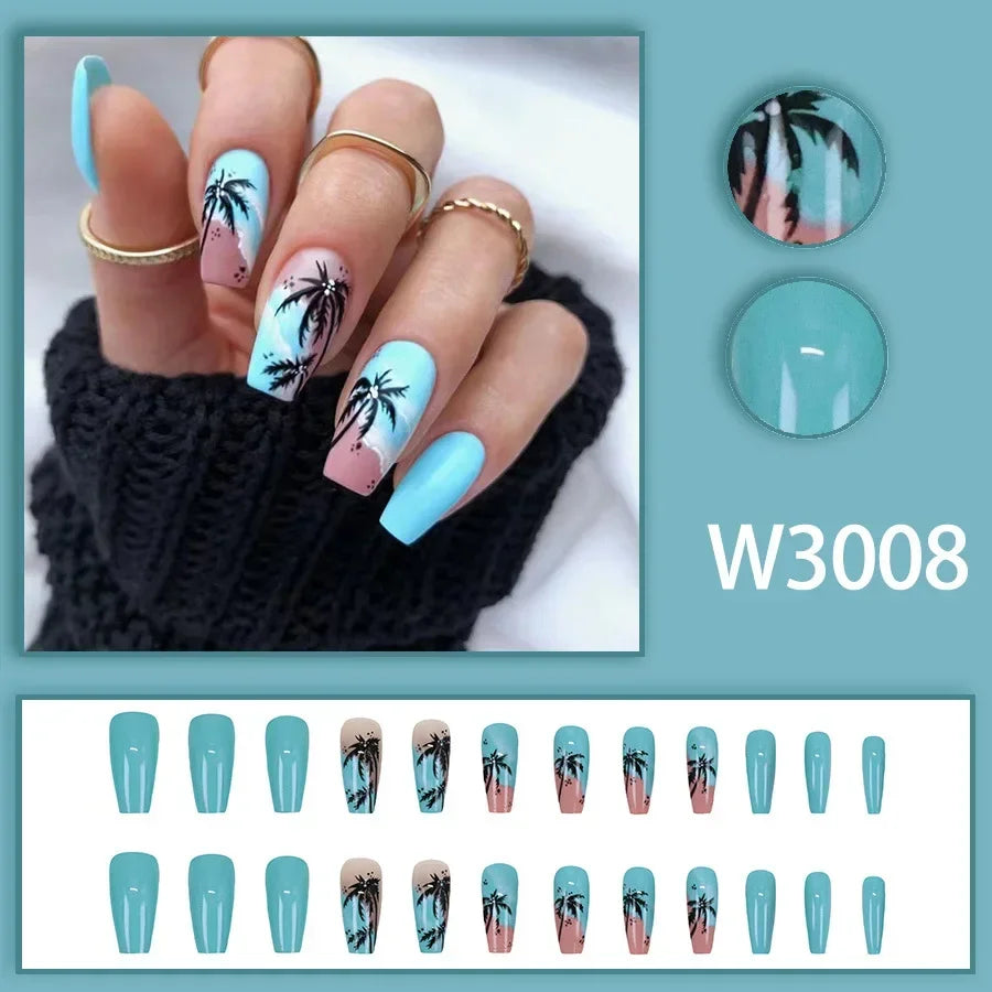 Black Ink Style Fake Nail with Jelly sticker Press on False Nails Wearable Round Head Oval Full Cover Nail Tips