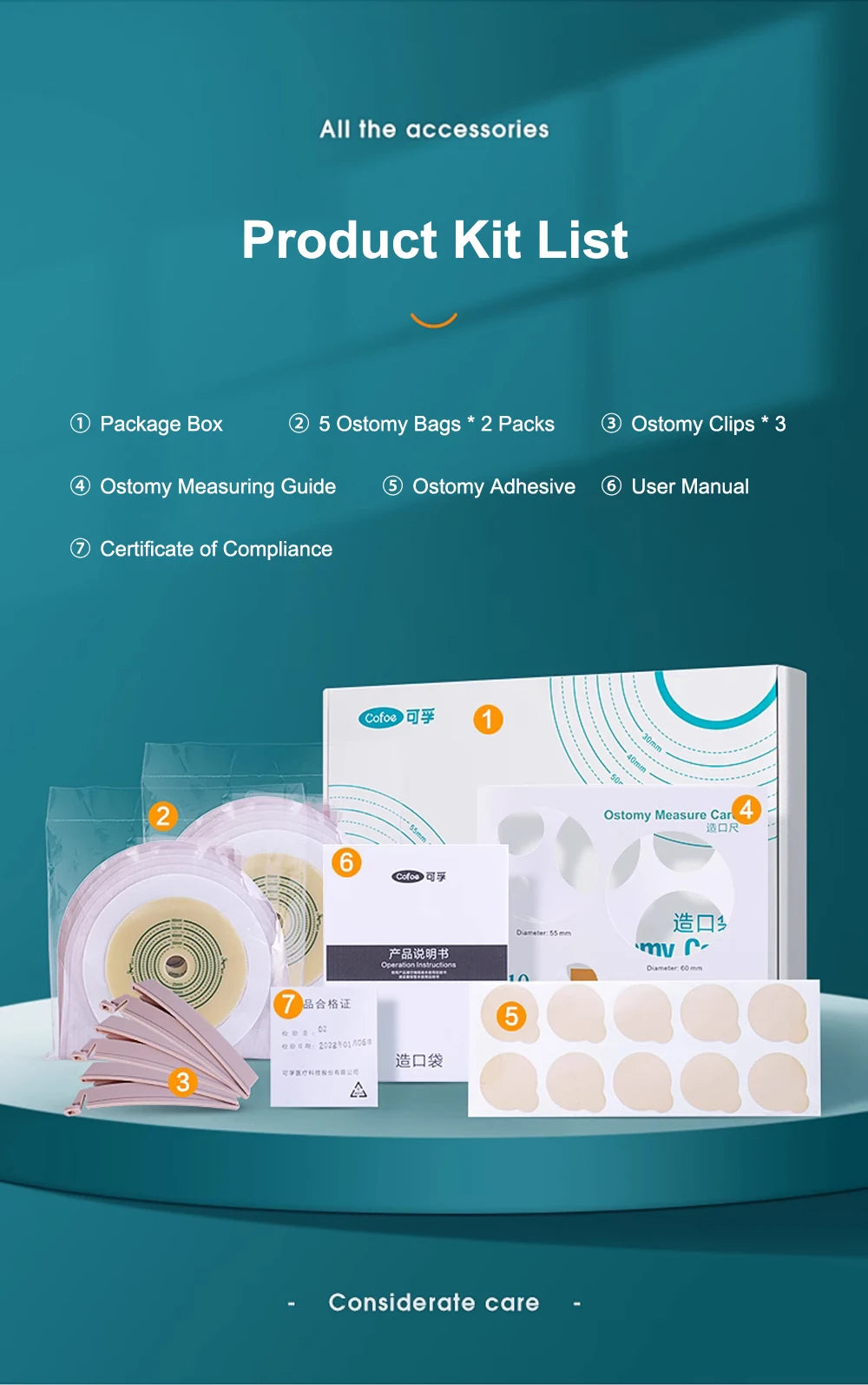 Cofoe 10pcs Ostomy Bags One-piece System Colostomy Bags  Disposable Colostomy Pouch Opening 20-60mm  With Clip Closure