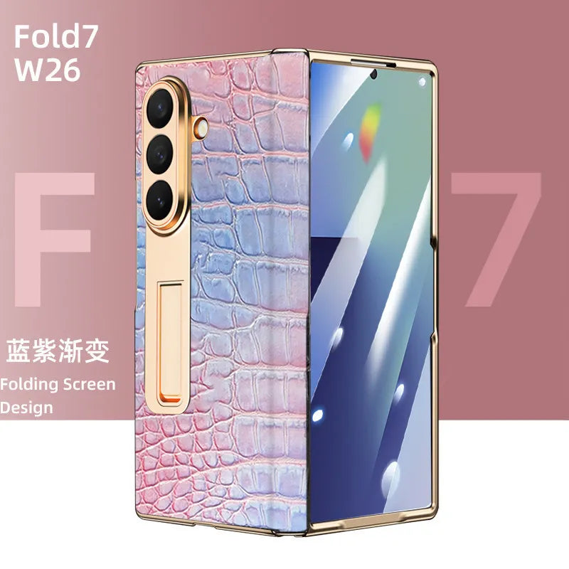 Luxury Leather Cover For Samsung Z Fold 7 6 5 Case Plating Stand Hinge Front Glass Screen