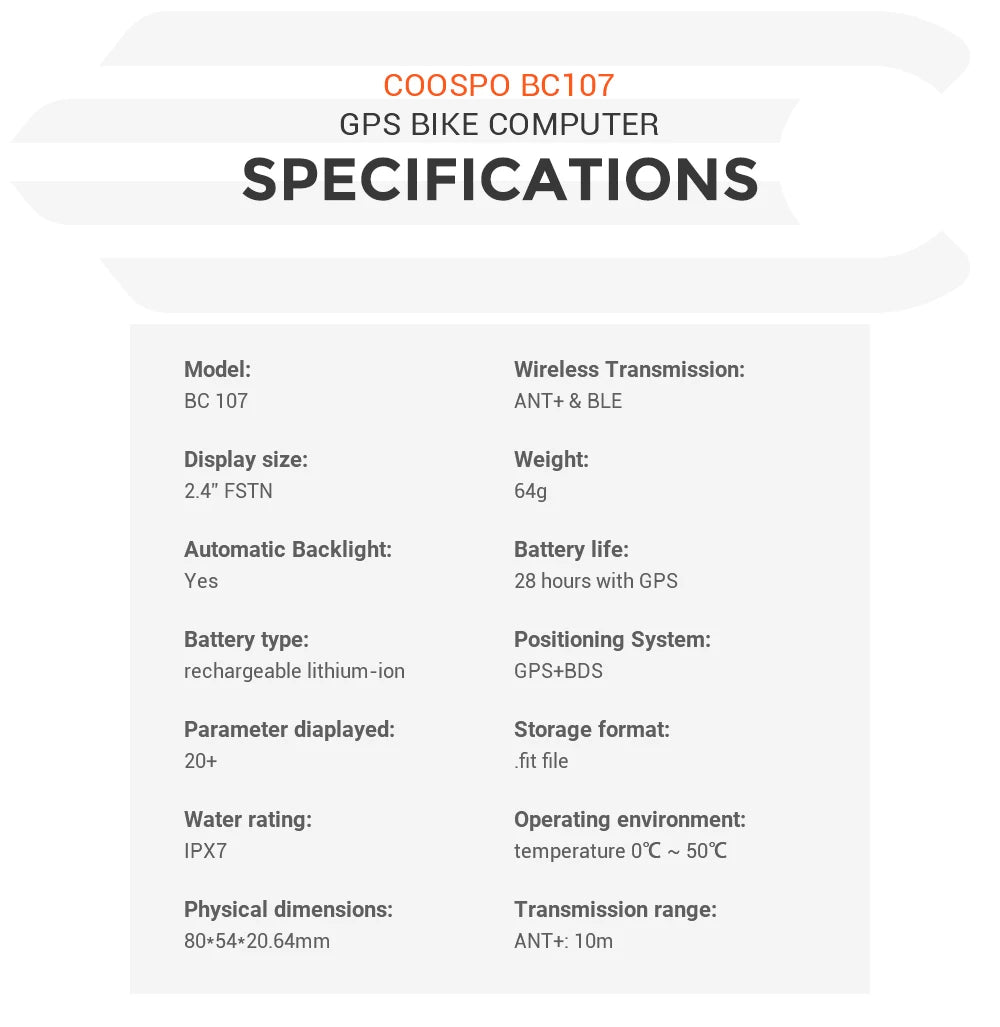 COOSPO BC26/BC107 Bike Computer GPS Wireless Bicycle Cycling Odometer Speedometer 2.4"FSTN Bluetooth5.0 ANT+ Waterproof GPS BDS