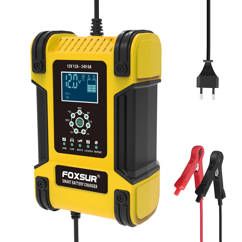 Foxsur Full Automatic Car Battery Charger 12V 12A Digital Display Battery Charger Power Pulse Repair Chargers Wet Dry Lead Acid