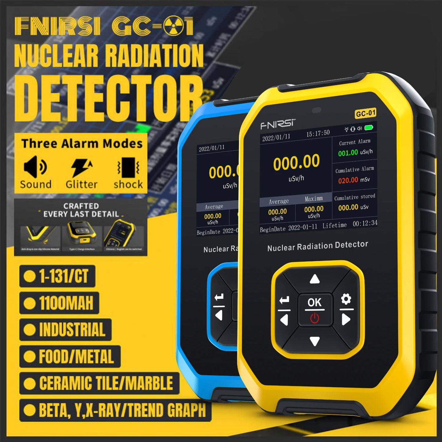 FNIRSI GC-01 Geiger Counter Nuclear Radiation  Personal Dosimeter Detectors X-ray Beta Gamma Detector Radioactive Tester