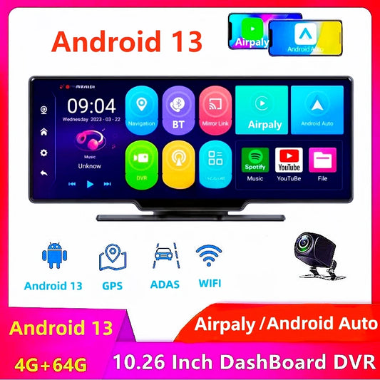 10.26 Inch WIFI Dash Cam Android 13  4+64G 8 Core  WiFi GPS Navigation Car DVR ADAS APP  FM BT Carpaly & Android Auto