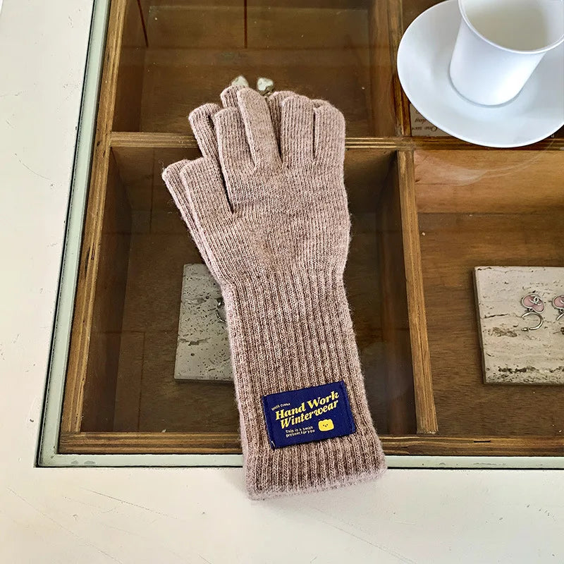 Cycling Five Finger Knitted Yarn Gloves Full Finger Long Wrist Gloves Thick Elastic Winter Connected Finger Glove Autumn Winter