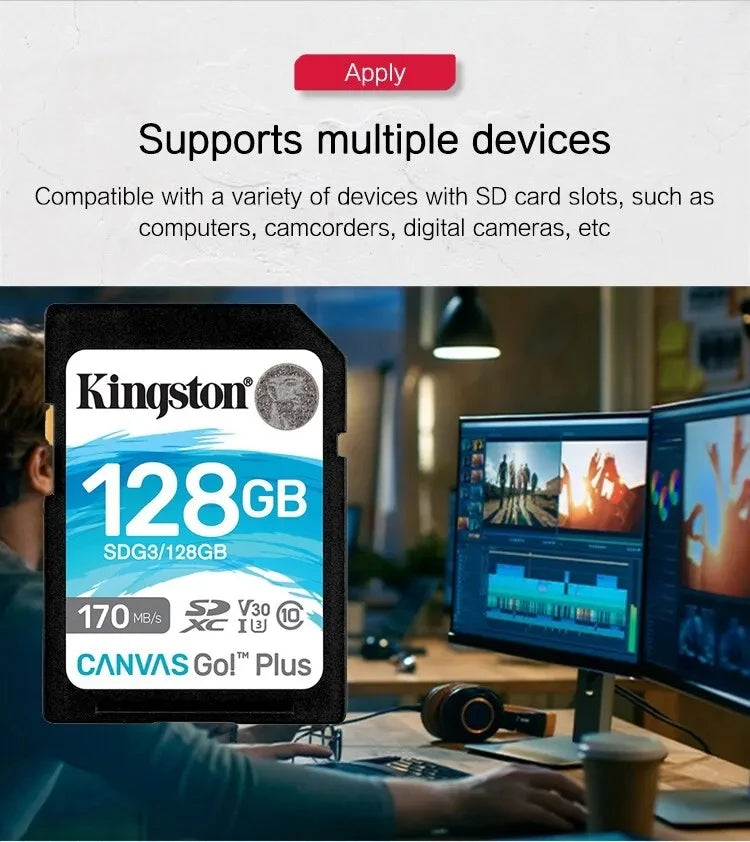 Kingston High Speed 4K SD Card 64GB 128GB 256GB 512GB Memory Card Up to 170MB/s Read V30 U3 Flash Card C10 for Camera