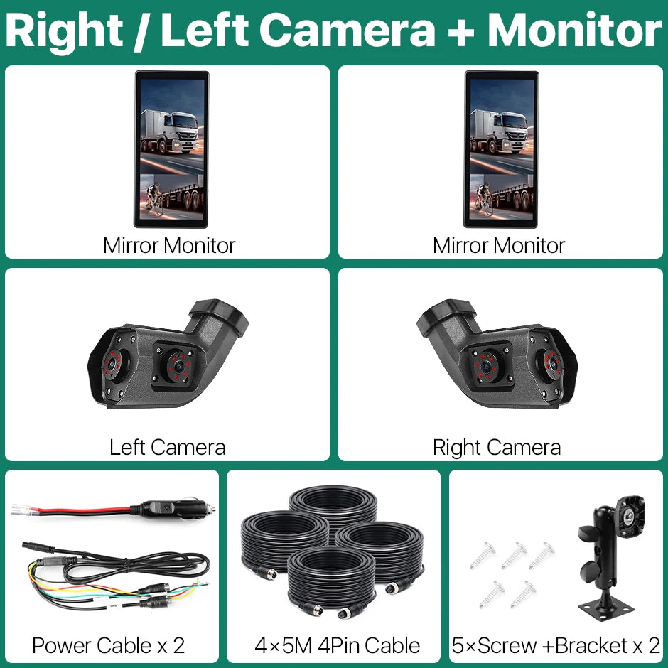 GreenYi BSD Radar Alarm Car DVR Video Recording 2 Channel AHD Side View Camera with Truck Buses 10.36 Inch Rear Mirror Monitor