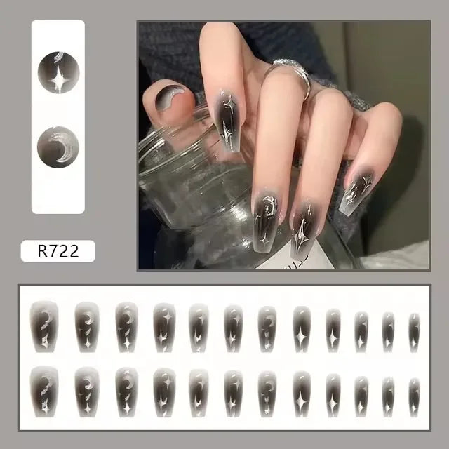 Dark Blue Cat Eyes 24 Pcs Press on Nails Pink Gradient Fake Nails Glossy Artificial Finger Manicure Reusable False Nails