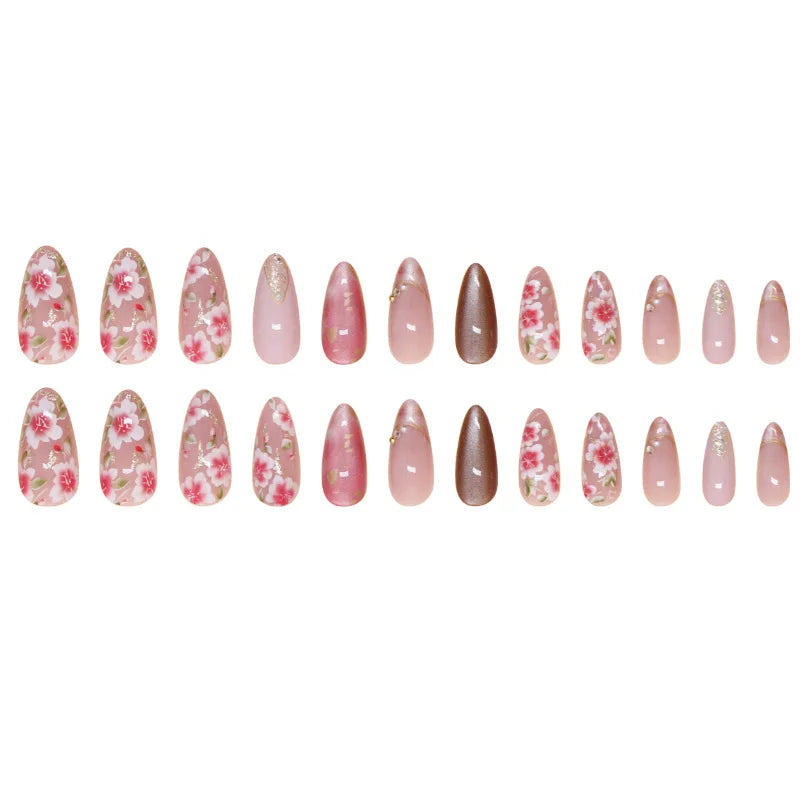 24Pcs Peach Blossom Press on Nails Cat's Eye Nude Glitter False Nail for Women&Girl Spring and Summer Detachable Wearable Nail