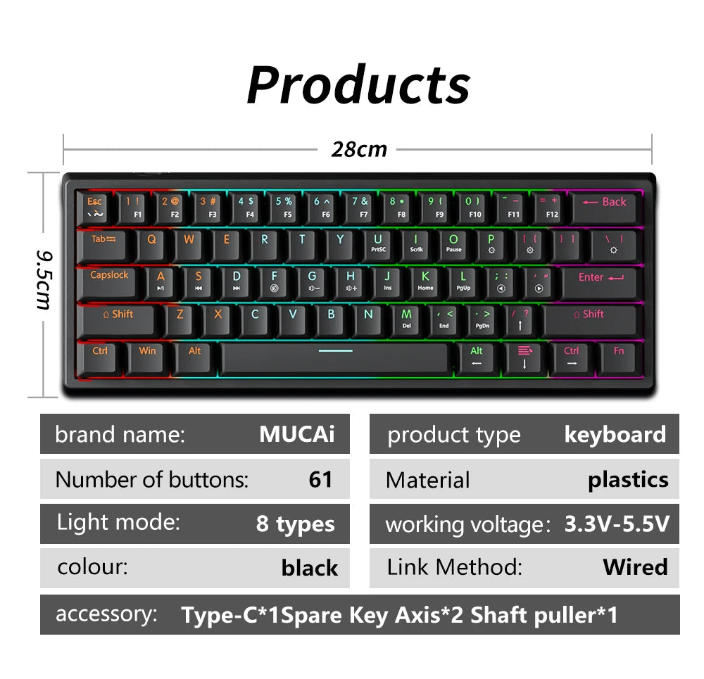 MUCAI MK61 USB Gaming Mechanical Keyboard 61 Keys Red Switch Wired Detachable Cable RGB Backlit Hot Swappable
