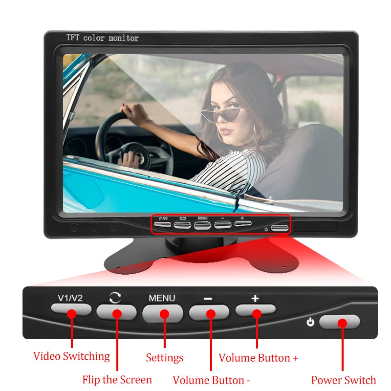 Hippcron 7" Car Monitor 16:9 800*480 Screen With 2 Way Video Input TFT HD Digital For Rear View Camera Parking Backup Reverse