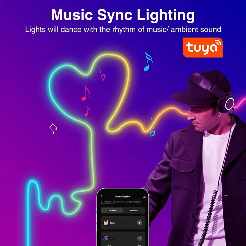 TUYA RGBIC Neon LED Strip 5m/16.4ft 5V Flexible LED Tape Strip  Addressable Neon Rope Light USB Dreamcolor Neon Strip For Home