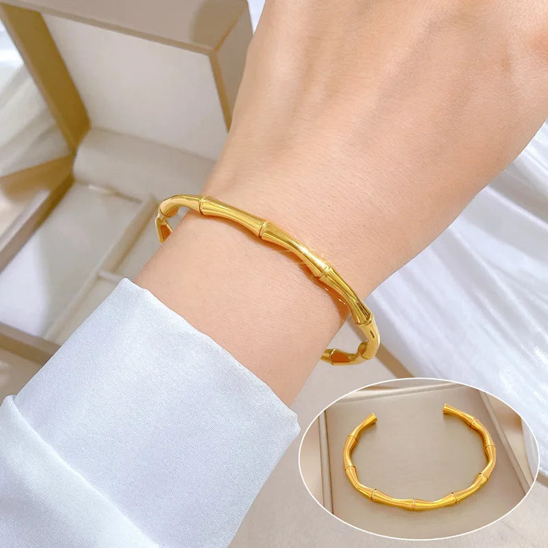 Punk Gold Color Bamboo Joint Open Cuff Bangles 2024 Trend Bracelet for Women Men Classic Charm Bracelet Couple Hand Jewelry Gift