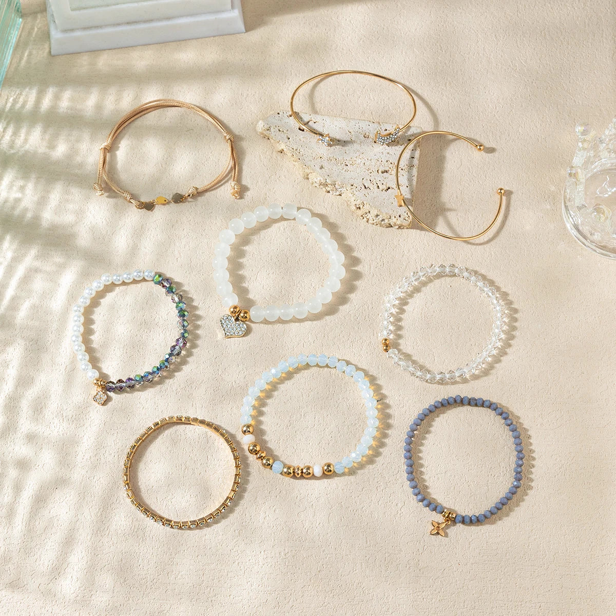 Kirykle 9 Piece Set Luxurious Bracelets for Women Crystal Shiny Adjustable Opening Chain Bracelets Punk Bangle Fashion Jewelry