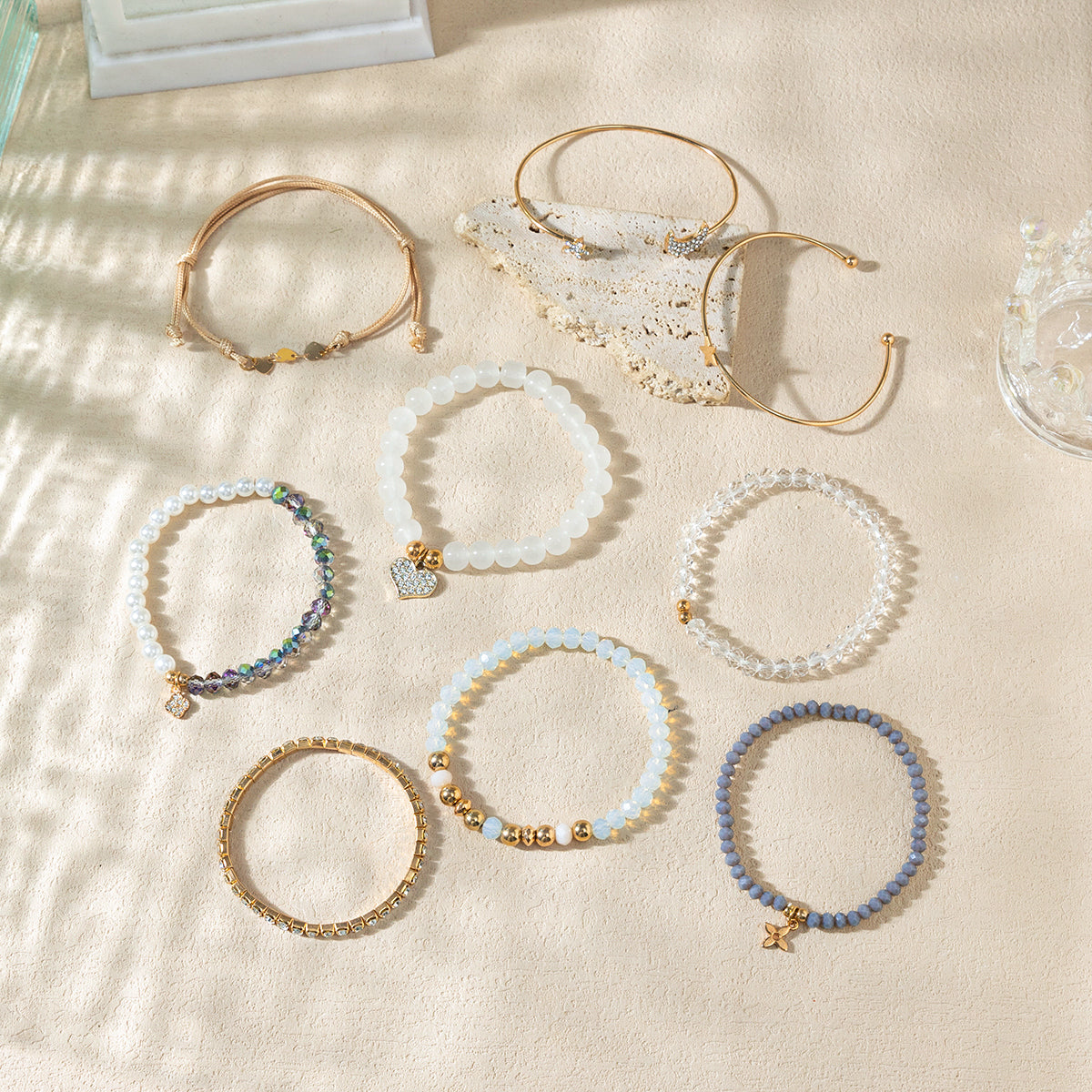 Kirykle 9 Piece Set Luxurious Bracelets for Women Crystal Shiny Adjustable Opening Chain Bracelets Punk Bangle Fashion Jewelry