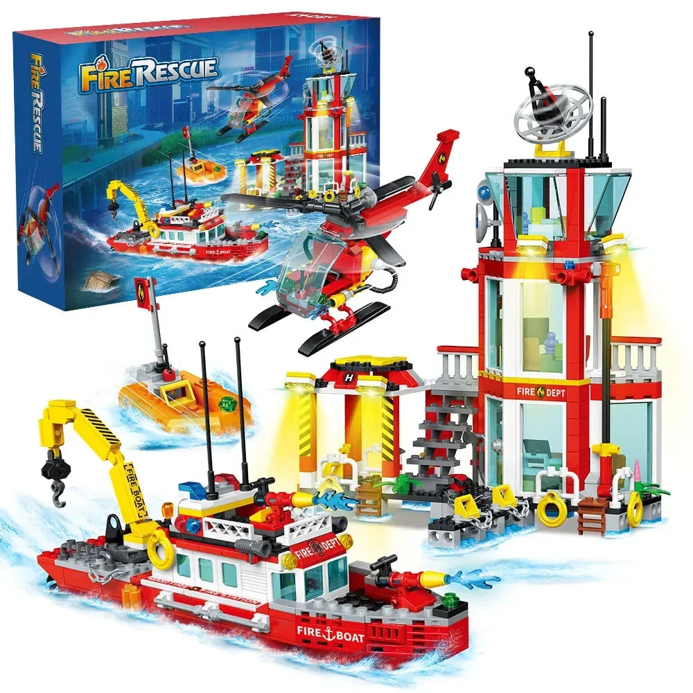 City Oceans Fire Station Building Kit fire Station Set with Fire Station/Fire Helicopter/Fire Ship/Rescue Boat, Gifts for Boys