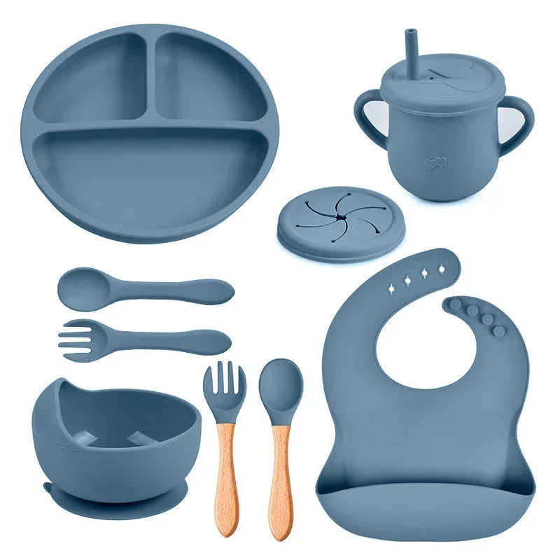 Mother Kids Baby Silicone Feeding Set Sucker Plate Antislip Bowl Spoon Cup Children Tableware Safe Non Toxic Dishwasher Safe