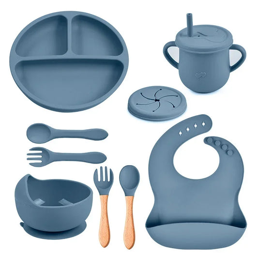Mother Kids Baby Silicone Feeding Set Sucker Plate Antislip Bowl Spoon Cup Children Tableware Safe Non Toxic Dishwasher Safe