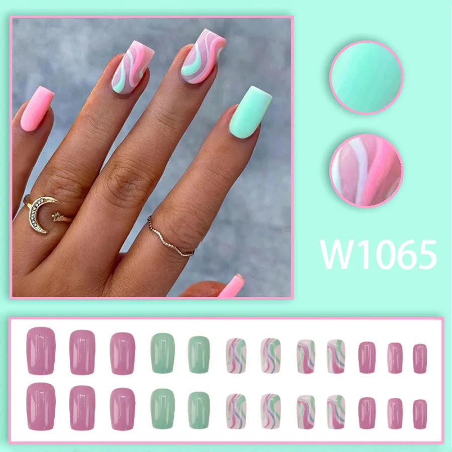 Mandarin Duck 24 Pcs Press on Nails Pink Gradient Fake Nails Glossy Artificial Finger Manicure Reusable False Nails